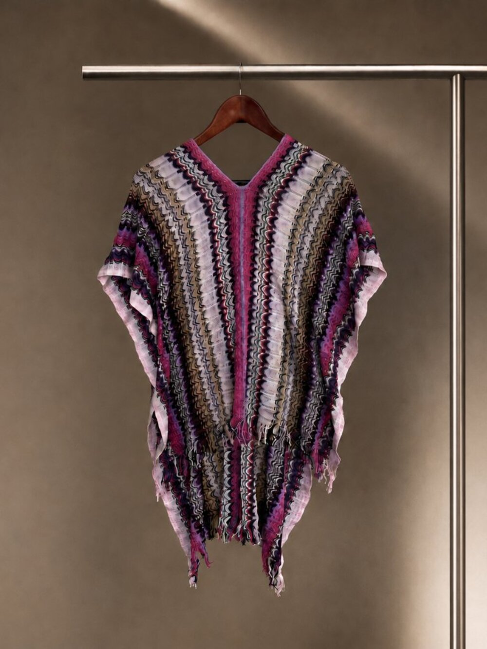 Missoni Zigzag Knit Poncho Fringe Pink Purple 100% Cotton One Size NWT Italy
